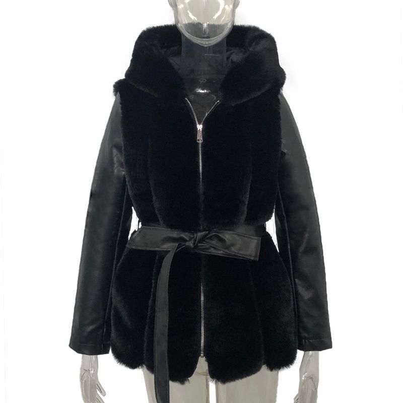 Women's Clothin New Fur Jacket Women Belt Hooded Solid Color Zipper Jacket Jacket _voghion.com