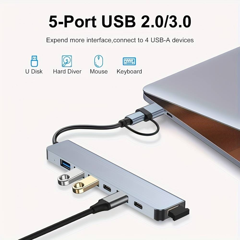 8 In 1 USB C HUB, 4 In 1 USB Adapter, 7 In 1 USB HUB With USB C Port, USB 3.0/2.0, Docking Station For MacBook Pro/Air, Computer Accessories_voghion.com