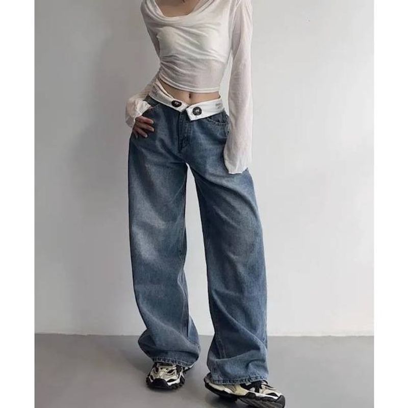 Damenbekleidung Taillenjeans Retro Nischendesign Lose Hose mit weitem Bein Einfache lässige gerade Hose_voghion.com