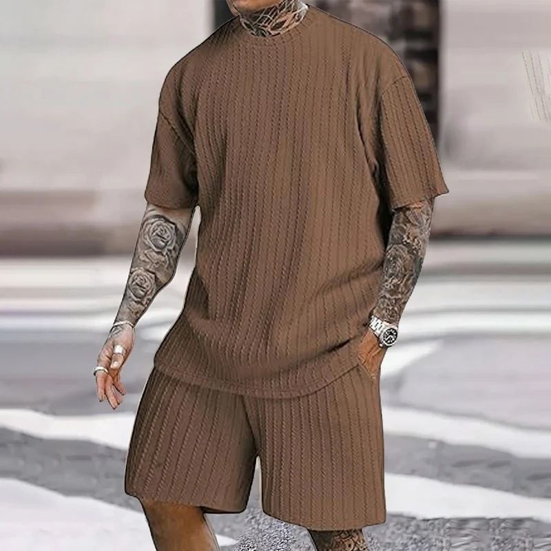 Men's Textured Linen Blend Set - Summer Loose Fit Short Sleeve Suit | Vacation Ready Coordinated Outfit_voghion.com