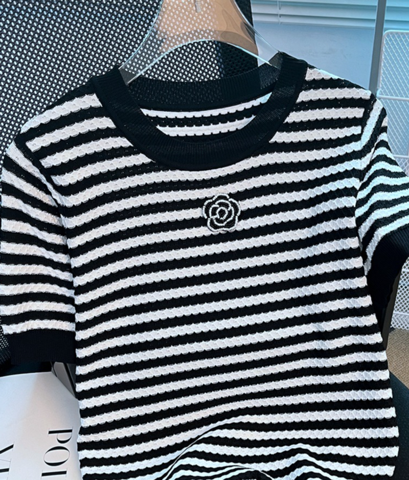 Women's Clothing Summer New Style Small Fragrance Round Neck Contrast Color Striped Ice Silk Sweater Camellia Short Sleeved Tops For Women_voghion.com