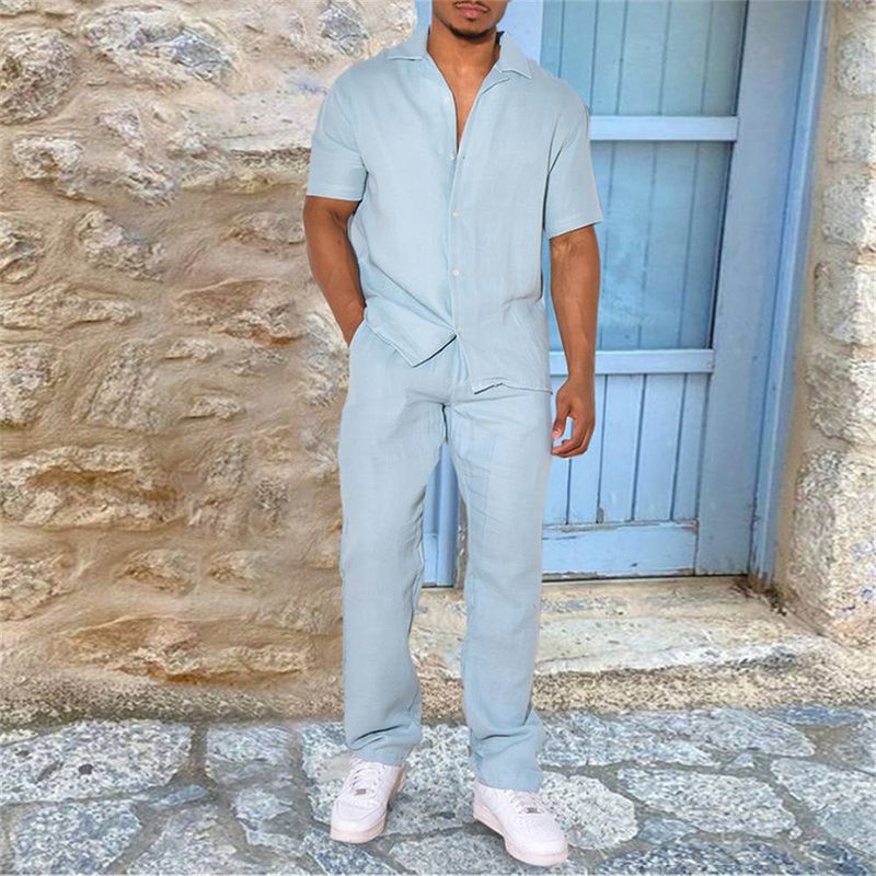 Moda estiva da uomo con risvolto monopetto, camicie a maniche corte + pantaloni lunghi, 2 pezzi, set casual larghi M-3XL_voghion.com