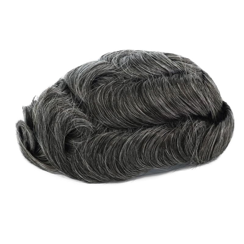 Ominilace Toupee For Men 100% Human Hair Pieces I French Lace Front Poly Skin Knotted Hair Replacement System Real Wigs Black With 40% Grey Hair #1B40_voghion.com