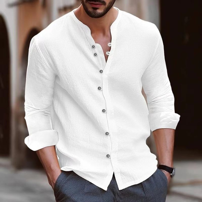 Retro Style Sprint Autumn Men's Casual Cotton Linen Shirt Mock Neck Solid Long Sleeve Loose Top Handsome Shirt_voghion.com