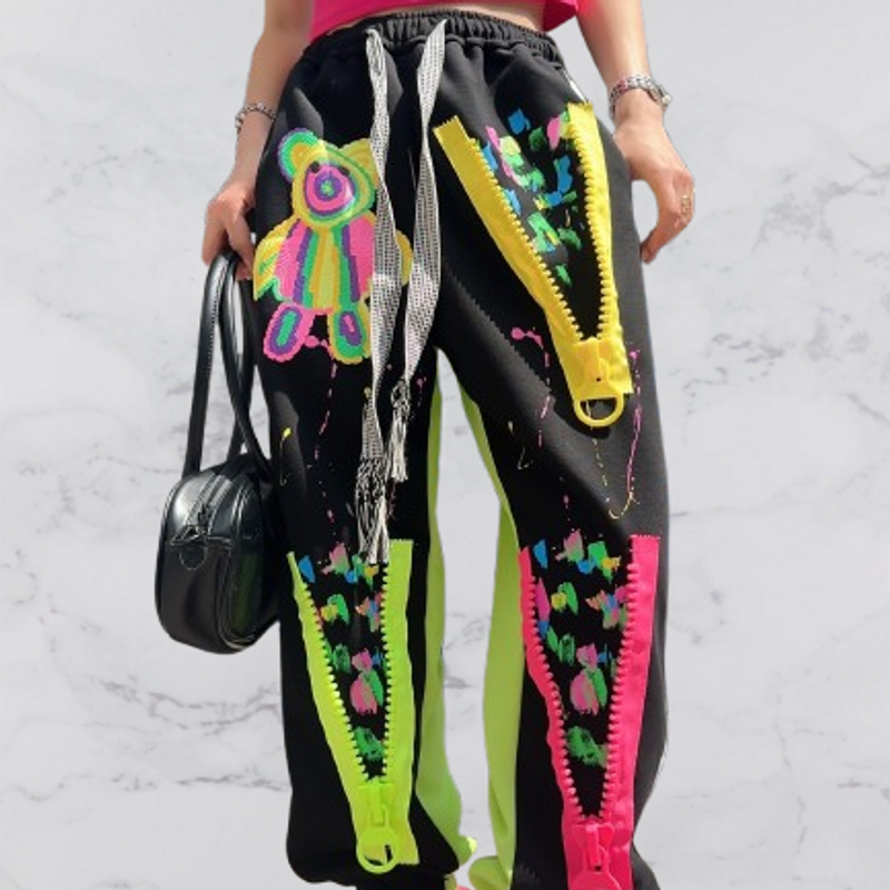 Women's Clothing large version colorful graffiti zipper cuff sweatpants women's loose slim casual sports overalls long pants_voghion.com