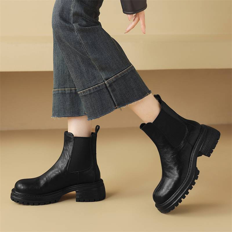 Cameido Women's thick-soled boots, British-style chimney short boots for autumn and winter 2024, women's boots with fleece sleeves._voghion.com