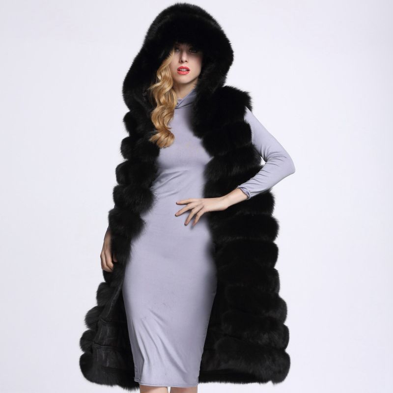 Damenmode-Imitat-Fuchsmantelhaar mit Hut, superlange, ärmellose Damenweste_voghion.com