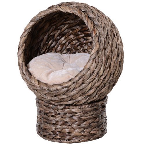 PawHut Handwoven Elevated Cat Bed With Soft Cushion & Cat Egg Chair Shape, Cat Basket Bed Kitty House With Stand, Raised Wicker Cat Bed For Indoor Cats, 23.5" H, Gray_voghion.com
