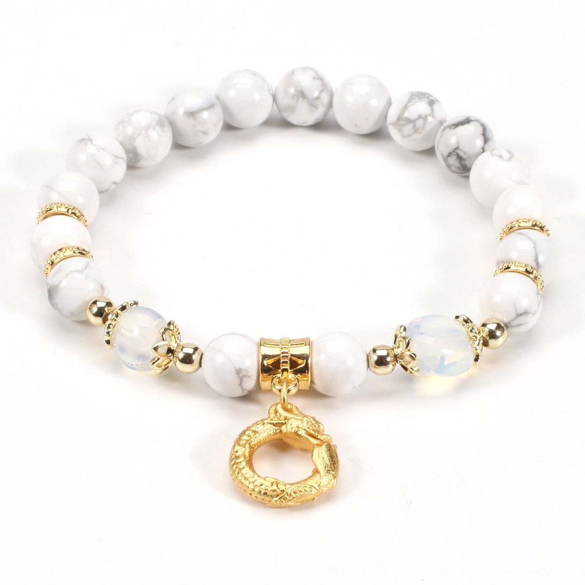 Antiker goldener Drachenkopf-Anhänger 8mm runde Perlen Naturstein Armband weiblich elastisch verstellbar_voghion.com