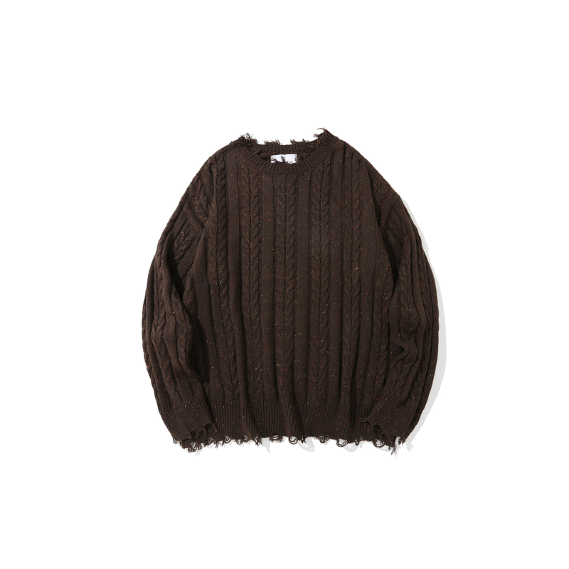 Herren-Pullover aus einfarbigem Jacquard-Twist, zerrissen, lässiger Rundhalspullover, Street-Pullover-Basis_voghion.com