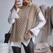 Damenbekleidung Rundhals-Strickpullover ohne Ärmel für Damen, gedrehter Faden, einfarbig, geschlitzter Saum, Pulloverweste_voghion.com