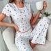 Pysjamas med korte ermer, dameklær, kirsebærmønster, soppkant med knapper foran_voghion.com