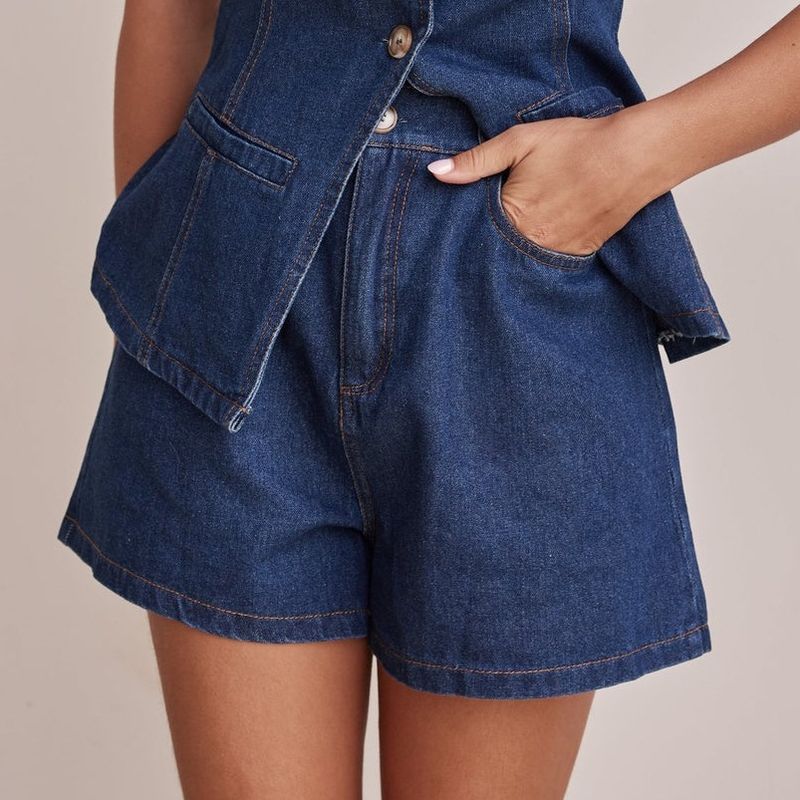 Completo di pantaloncini in denim a vita alta da donna - Top corsetto senza maniche e pantaloncini in jeans larghi_voghion.com