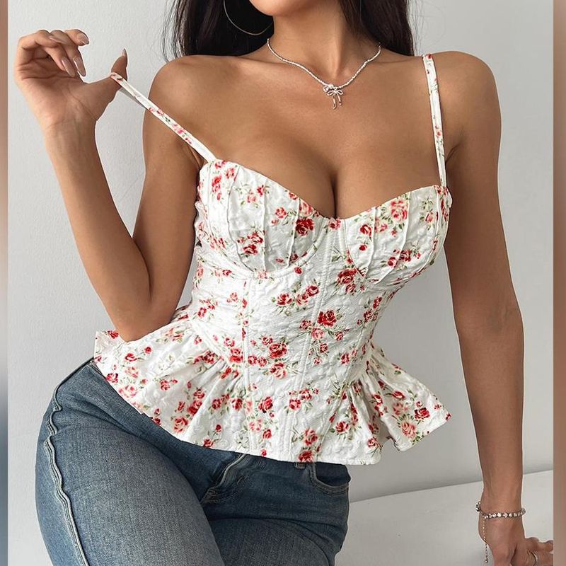 Débardeur slim imprimé à ourlet volanté pour femme, sans manches, dos nu, bandage, sexy, été 2025, corset de vacances_voghion.com
