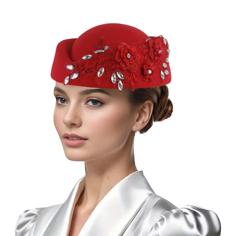 New retro British felt turban hat for women church derby headdress with flower dot diamond ladies soft beret_voghion.com
