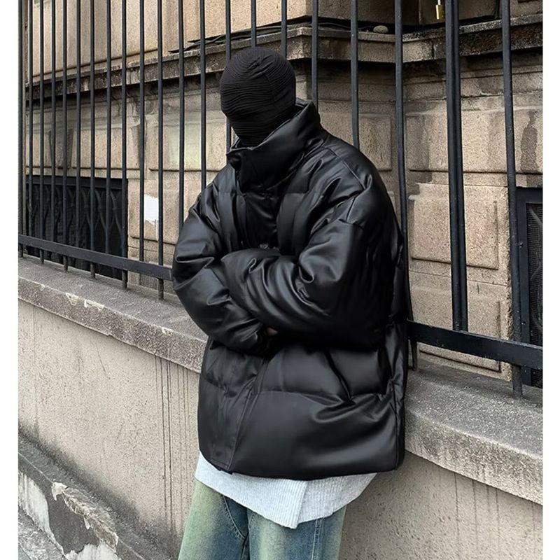 Bomberjacke aus PU-Leder mit Stehkragen – Kurzer, wattierter Herrenmantel, Winterjacke im Motorrad-Stil der High Street_voghion.com