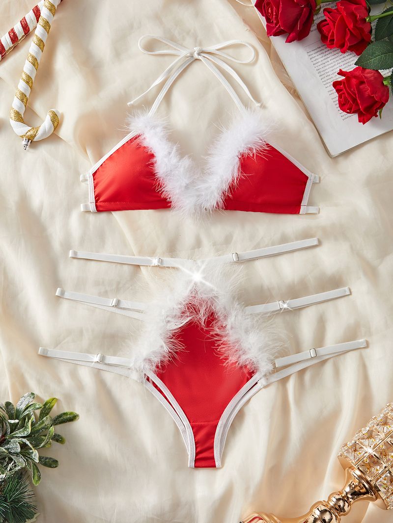 Neue sexy Dessous Dreipunkt-Weihnachtsanzug sexy weißer Pelz-Bügel-BH für Frauen_voghion.com