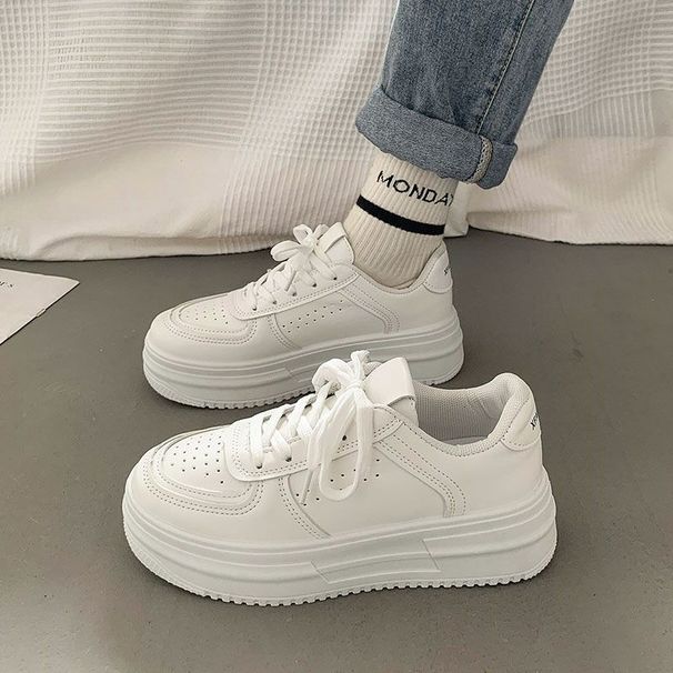 Thick Sole Mesh Breathable Casual Single Lace Up Round Head Solid Color Sports Women's Shoe_voghion.com