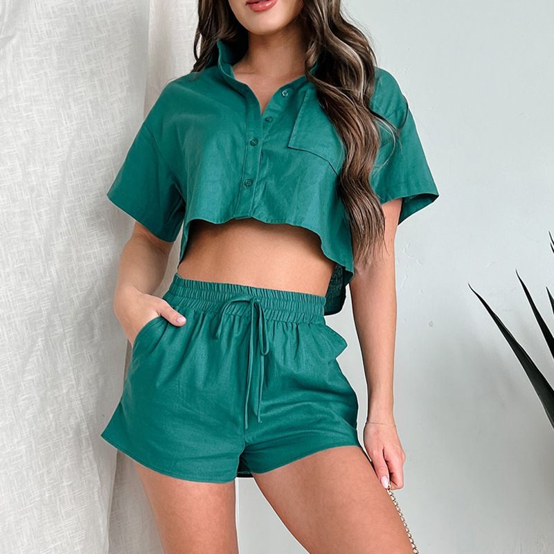 Kvinders nye ultrakorte button-down skjorte top med snøre trekvartbukser i to dele til piger_voghion.com