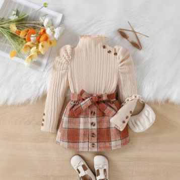 Ensemble 2 pièces élégant pour mère et enfant, chemisier à manches princesse et jupe à carreaux, en coton doux, col semi-haut, manches longues (4 à 7 ans, beige)_voghion.com
