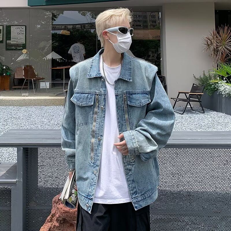 Amerikansk retrotvättad jeansjacka, modemärke för män på våren och hösten, stilig och löst sittande casual arbetsjacka_voghion.com