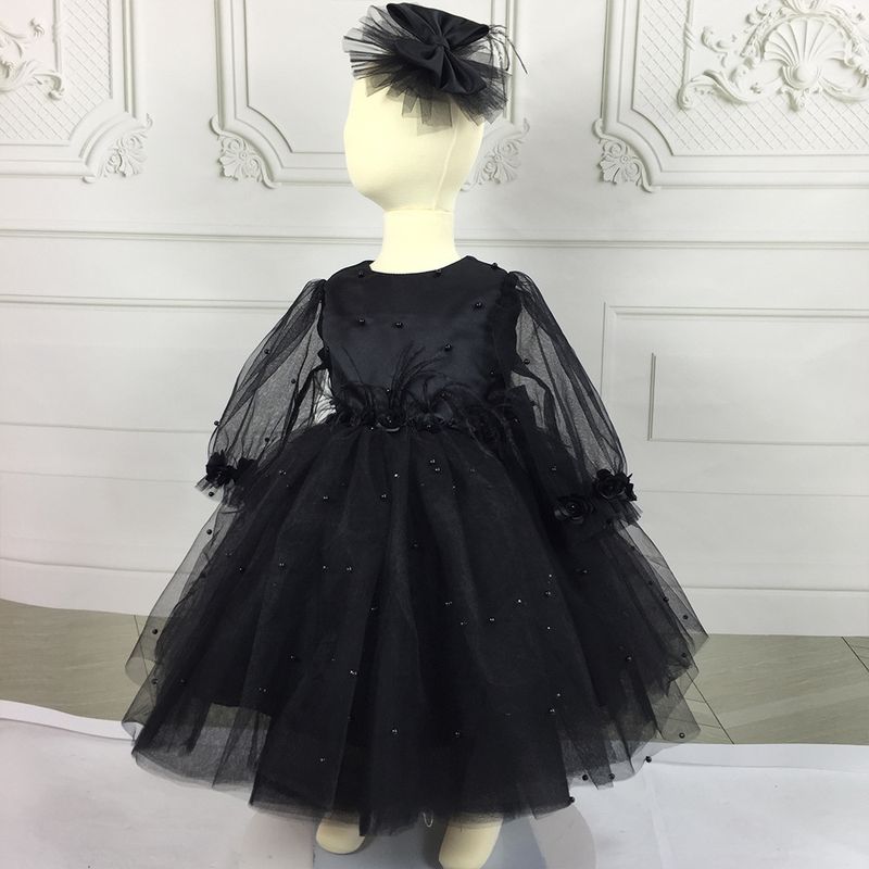 2025 New Cross Border European And American Style Children's Dress Girls' Mid Length Sleeves Beaded Performance Birthday Princess Puffy Skirt_voghion.com