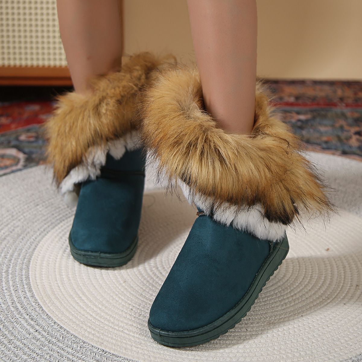 New Round Toe Flat Wool And Fleece Warm Cotton Boots_voghion.com