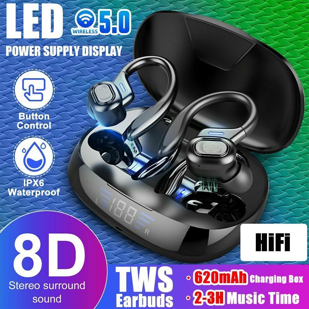 Cuffie auricolari Bluetooth wireless TWS, auricolari sportivi con gancio auricolare e bassi potenti_voghion.com