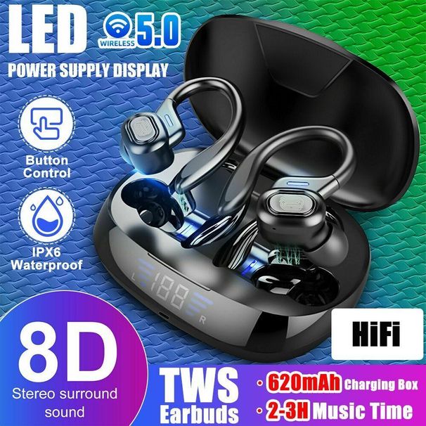 Cuffie auricolari Bluetooth wireless TWS, auricolari sportivi con gancio auricolare e bassi potenti_voghion.com