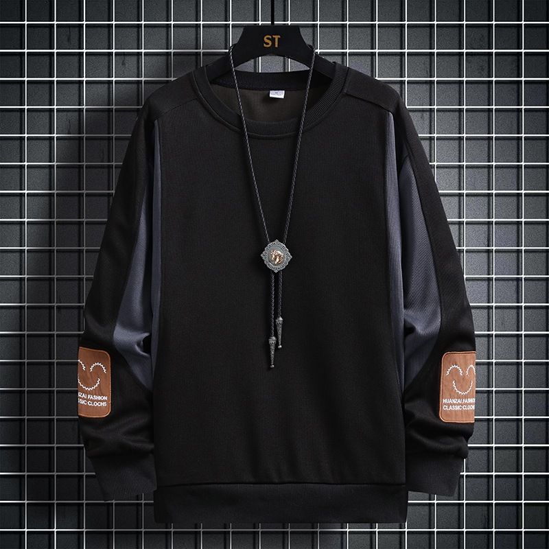 Übergroßes, lässiges Herren-Sweatshirt mit langen Ärmeln, Rundhalsausschnitt und Patchwork-Design für den Alltag im Frühling und Herbst_voghion.com