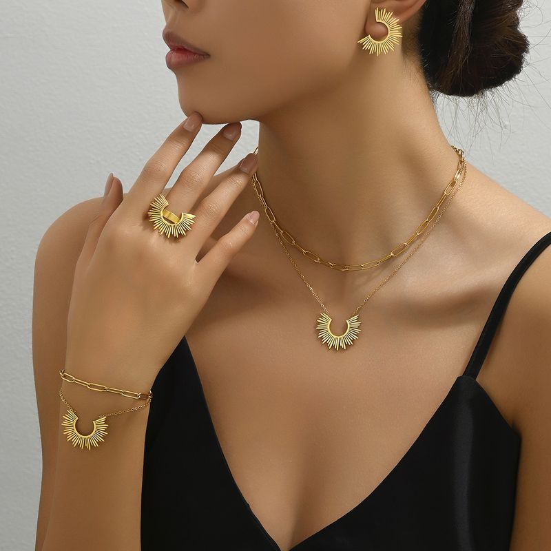 Süßes Schmuckset im Chanel-Stil für Damen – Minimalistisches Sonnenblumenarmband, Ohrringe, Halskette und Ring, Niche_voghion.com