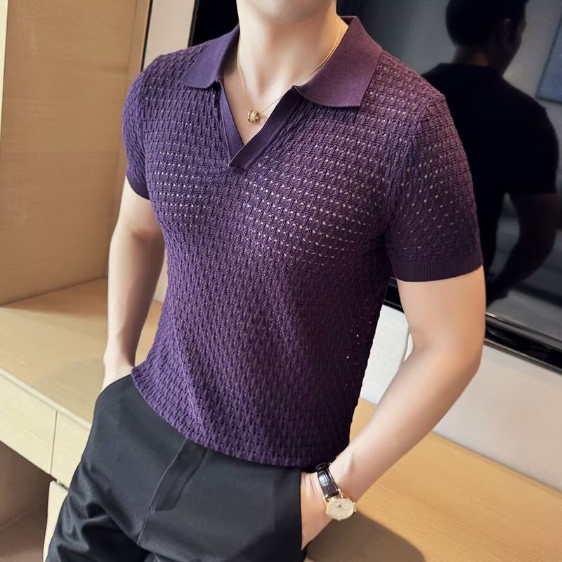 Polo da uomo in maglia con scollo a V - Sottile e traspirante, estiva | Design aderente con revers | Maglieria di alta moda_voghion.com