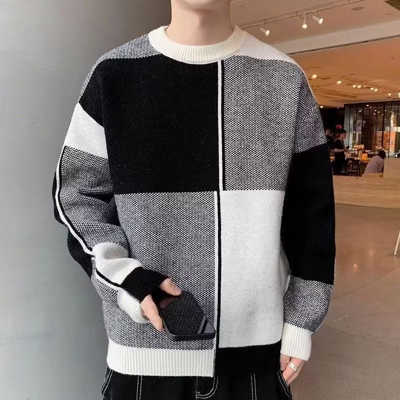 Men's Clothing Men's Fashion Large Block Splicing Jacquard Knitted Sweater Micro Wide Retro Casual Round Neck Sweater Trendy_voghion.com