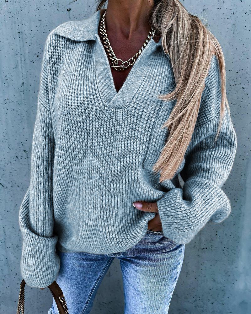 Maglione da donna a maniche lunghe ampio con tasca casual in colore misto con scollo a V_voghion.com
