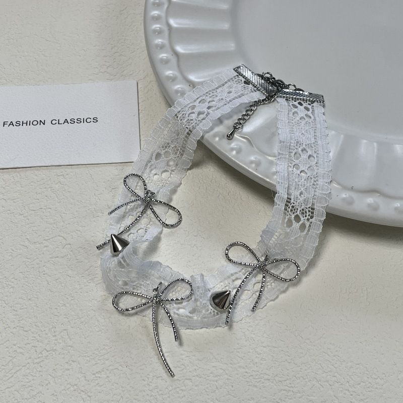 Fashion Lace Bow Rivet Pentagram Tassel Necklace For Women Double Layer Choker Design Sense Collarbone Chain_voghion.com