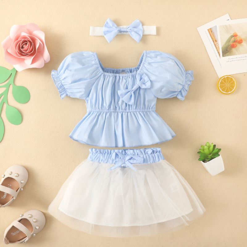 Babies' clothes girls' short-sleeved tops and skirts mesh skirt suit female treasure square collar lantern sleeve tops bow skirt_voghion.com