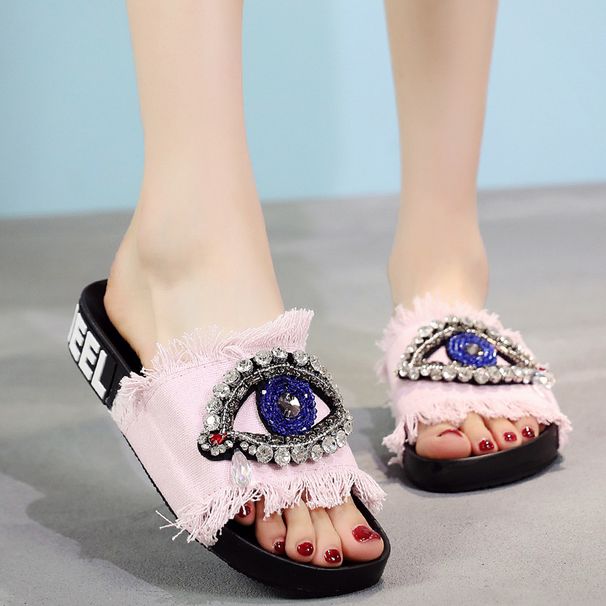 2024 Original neues Produkt Strass Denim Hausschuhe Quaste Flip-Flops Dicke Unterseite Flache Ferse Damen Sandalen Casual Vielseitig_voghion.com