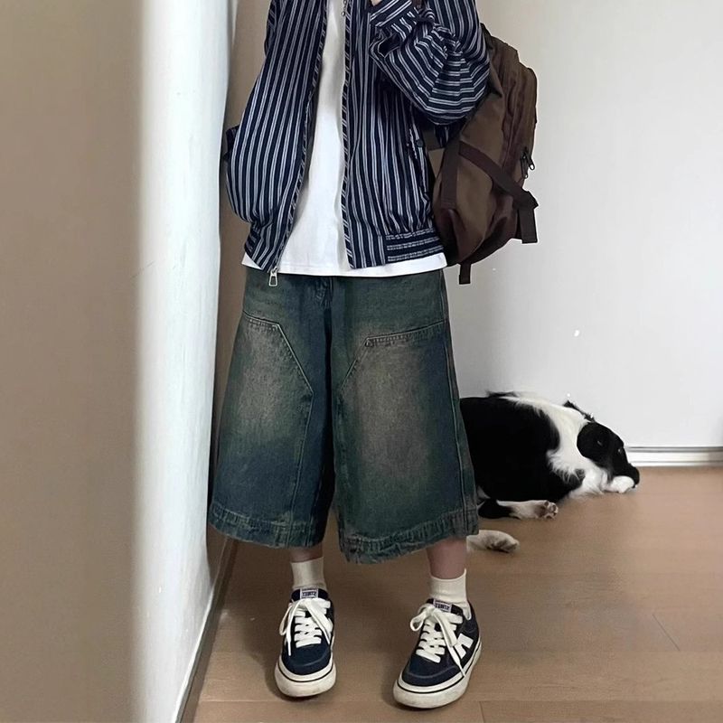 Men's Clothing High Street Patchwork Denim Shorts New Style Distressed Casual Versatile Wide Leg Cropped Pants_voghion.com