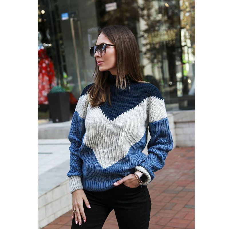 Pull tricoté à manches longues épissé, couleur unie, décontracté, nouvelle collection automne/hiver 2021_voghion.com