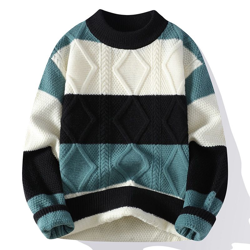 Autunno e inverno alla moda marchio colore contrasto fiore intrecciato uomo sciolto girocollo maglia design giovanile casual base_voghion.com