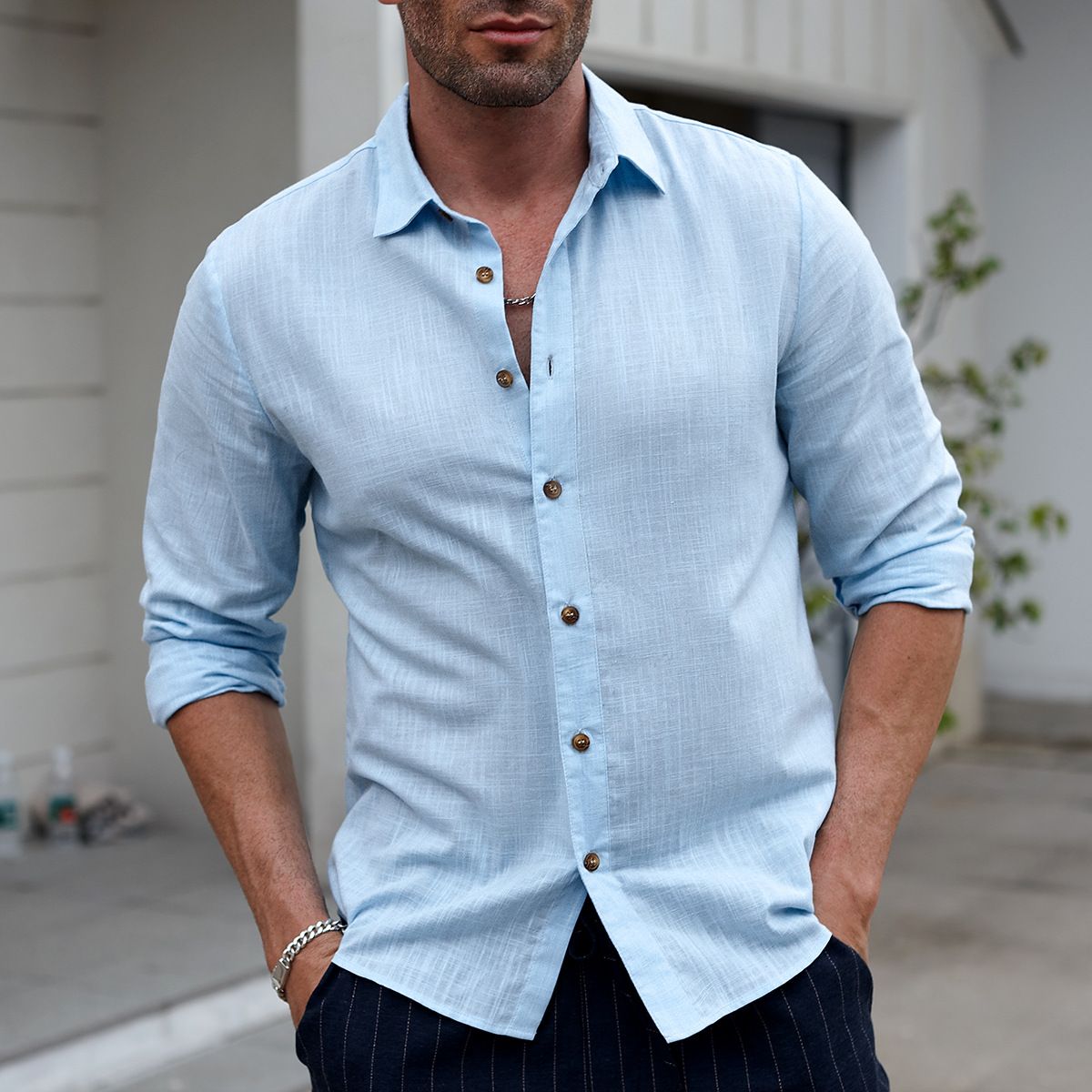 Herrenbekleidung Hochwertiges, leichtes und atmungsaktives Hemd, einfarbig, lässig, langärmelig_voghion.com