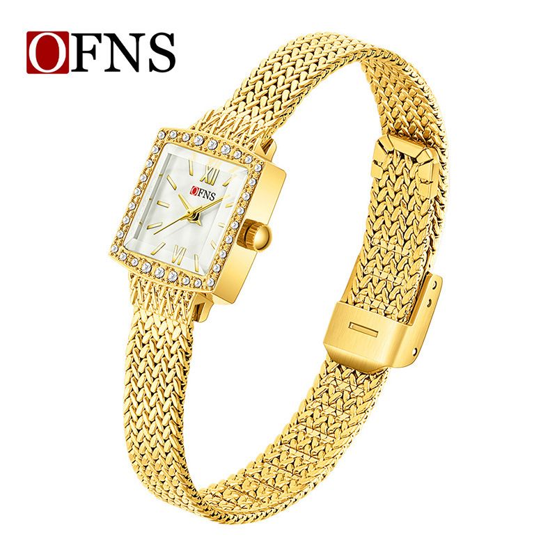 Women's Elegant Square Crystal-Embedded Wheat Grain Pattern Quartz Watch With Stainless Steel Mesh Band, Water-Resistant Retro Luxury Timepiece_voghion.com