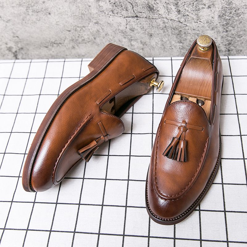 Pointed Toe casual leather shoes men's wedding shoes brogue tassel slip-on height increasing men's shoes tendon bottom hair stylist fashion shoes_voghion.com