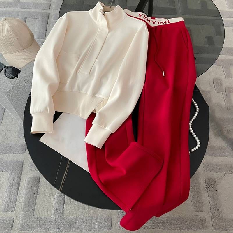 Women's Clothing Street Casual Sports Suit Long Sleeved Zipper Sweatshirt Wide Leg Pants Running Two Piece Suit_voghion.com