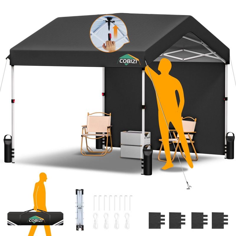 COBIZI Baldachin-Zelt 10x10ft mit Ein-Knopf-Druckknopf-Mittelverriegelung, tragbarer Carport mit 1 Seitenwand, gewerblich, Veranstaltungen, wasserdicht, LSF 50+, schwarz_voghion.com