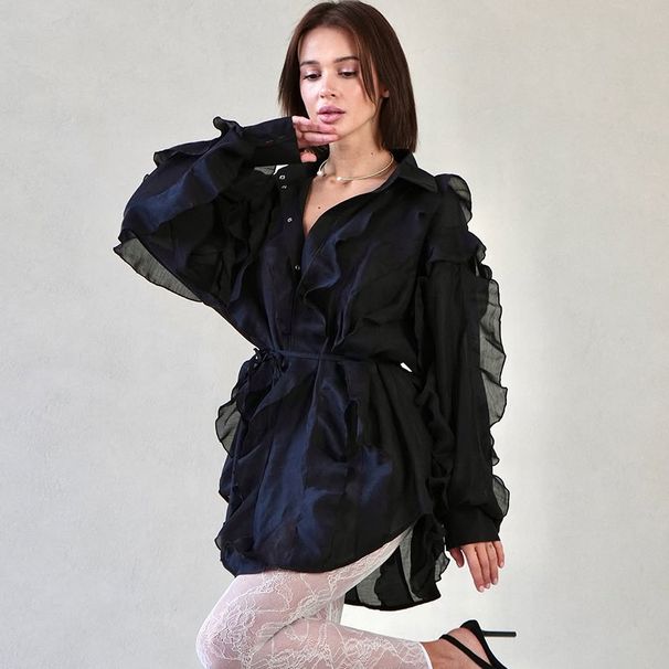 Γυναικεία Ρούχα Καλοκαιρινό, Νέο Μοντέρνο Πουκάμισο με Πέτο, Μονόχρωμο, Βολάν, Δαντέλα, Μακρυμάνικο, Τοπ_voghion.com