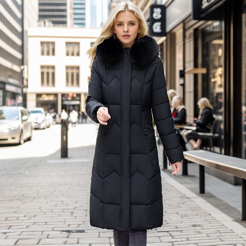 Women's fashion plus-size cotton-padded women's long and knee-thick cotton-padded jacket with large fur collar_voghion.com
