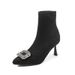 Square Buckle Rhinestone Pointed Toe High Ankle For Women 2024 Autumn Winter New Thin Heel Black Suede Stretch Slim Sock_voghion.com