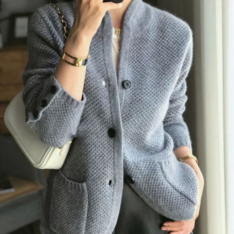 Cardigan tricoté à col montant pour femme, style décontracté_voghion.com