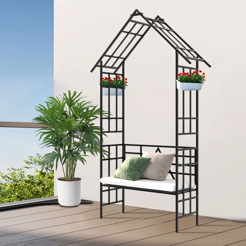 Metal Garden Arch With Bench Turned Into Flower Stand W58.07*H97.24 Climbing Plants Support Rose Arch Outdoor Black_voghion.com